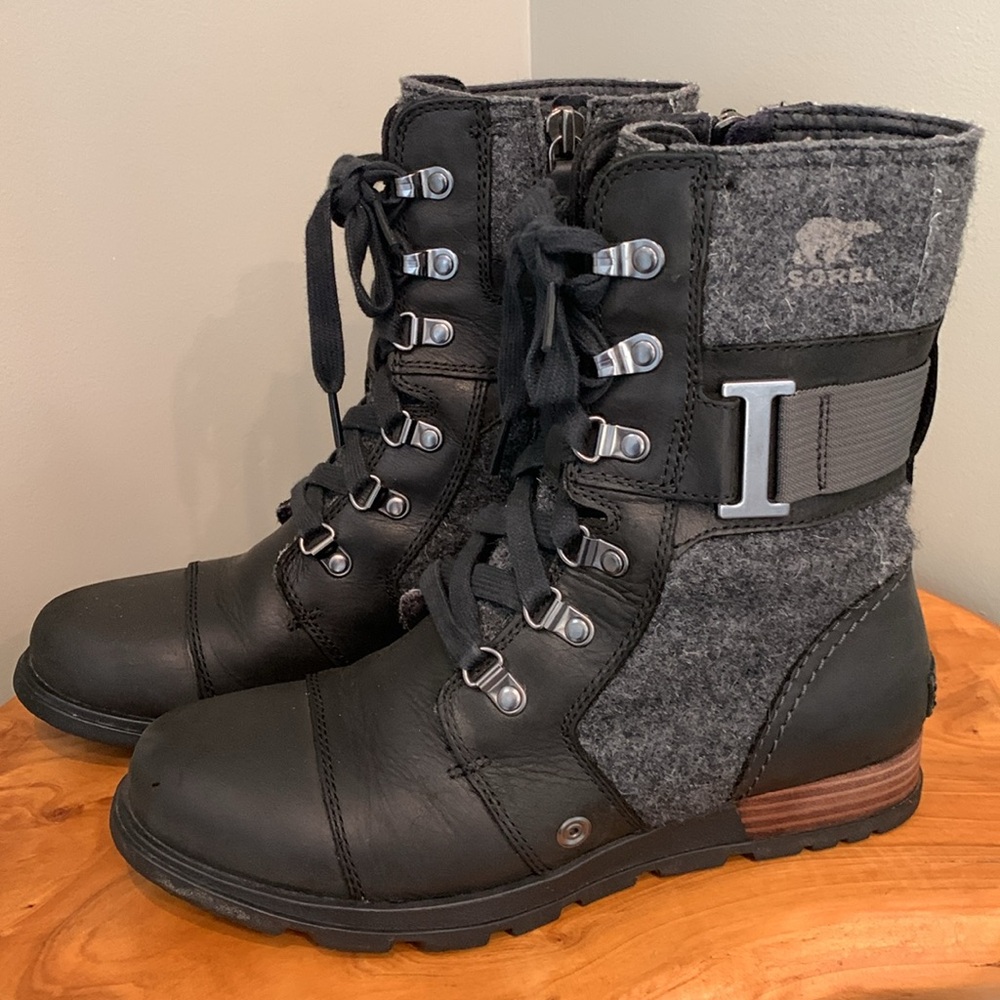 Sorel Major Carly Winter Boots Black Gray Leather NL2324-010 Mid Calf 7.5
